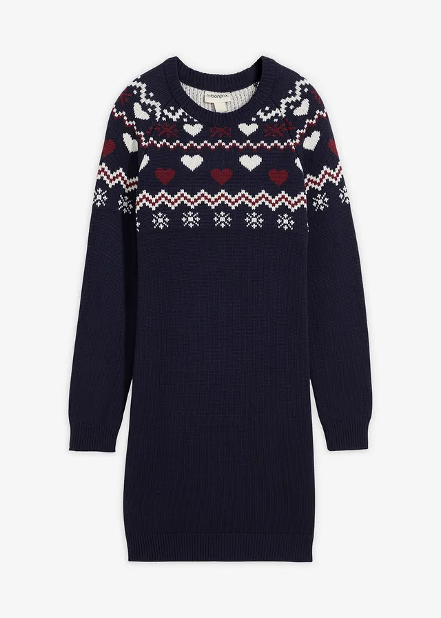 Gebreide meisjes jurk met Noors patroon • donkerblauw/wolwit/esdoornrood Noors patroon • bonprix online shop