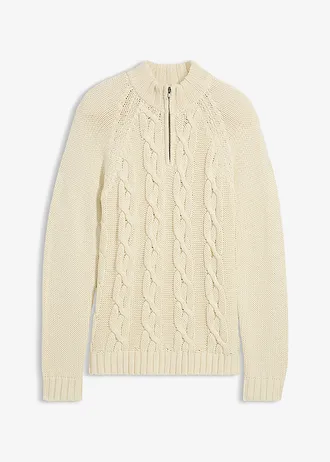 Pulover în stil troyer tricotat cu ochiuri mari, model cu torsade, din amestec moale cu bumbac • bej natur • magazin bonprix