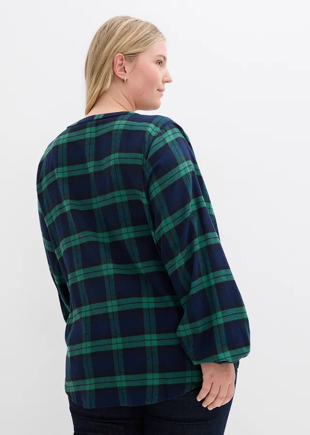 Chemisier en flanelle 100% coton, Couleur: bleu foncé-vert aventurine carreaux