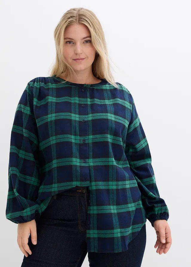 Chemisier en flanelle 100% coton, Couleur: bleu foncé-vert aventurine carreaux