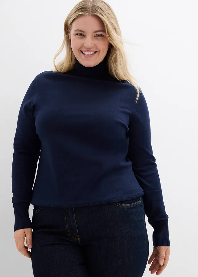 Pull col roulé en fine maille, Couleur: bleu foncé