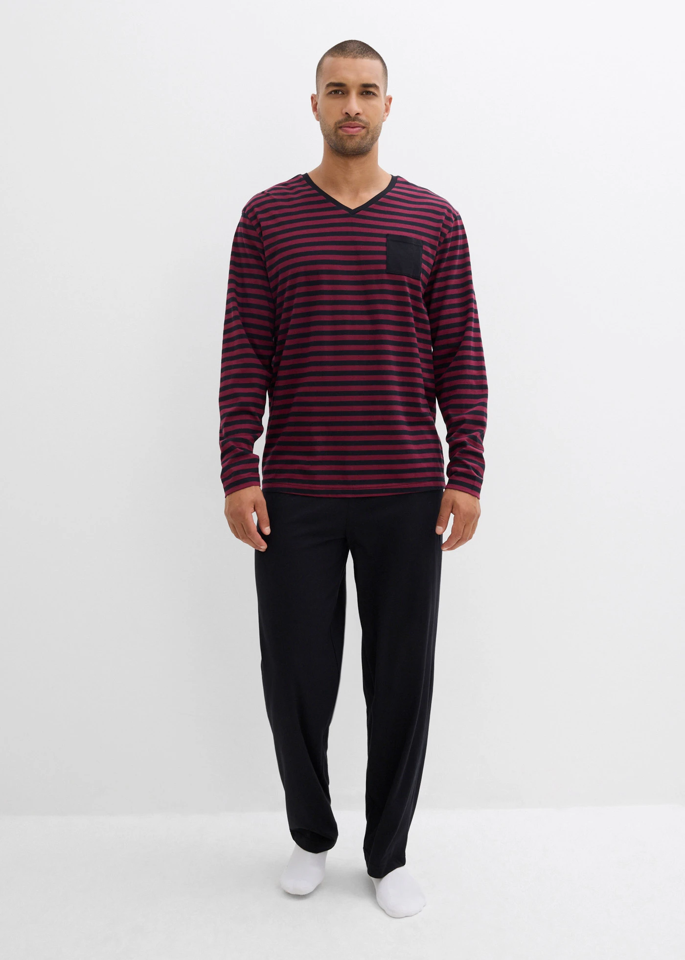 Pyjama 100% coton à manches longues • noir-prune rayé • Boutique bonprix