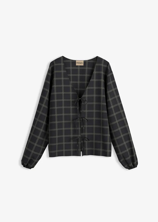 Wijde blouse van zachte viscose • zwart-kleigroen geruit • bonprix online shop