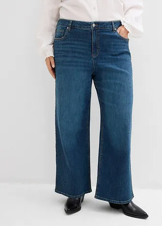 Džíny Wide Leg, Mid Waist, s třpytivými kamínky, barva: modrý denim used