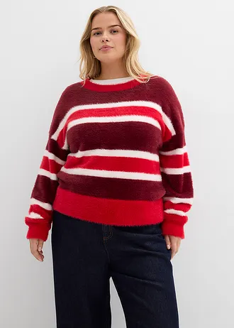 Pull oversize, Couleur: rouge rubis-rouge-écru rayé