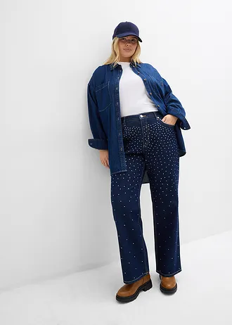 Straight jeans met strass, mid waist, Kleur: donkerblauw denim
