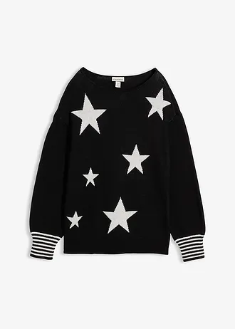 Pull jacquard à imprimé étoiles • noir-écru imprimé • Boutique bonprix