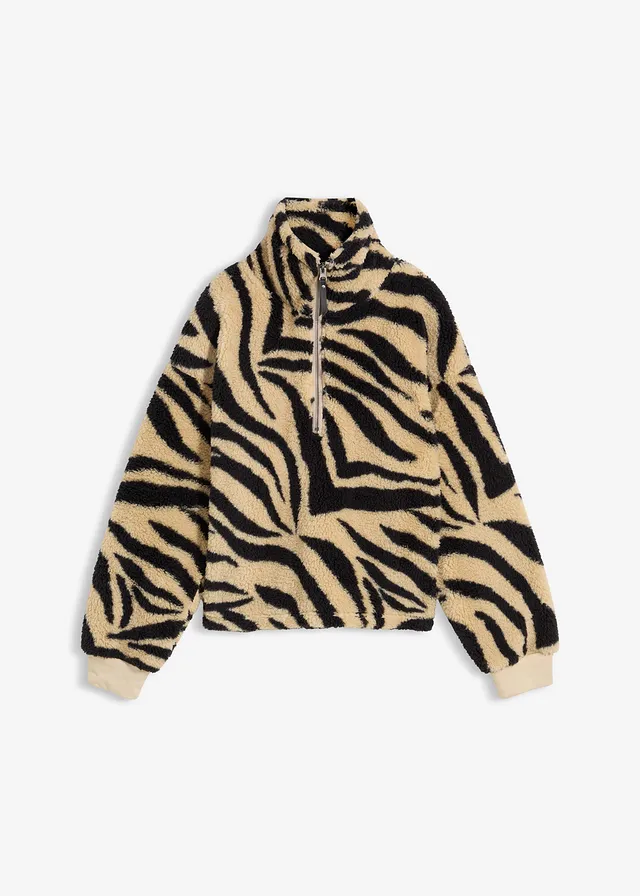 Pulover oversize din teddy-fleece • bej nisipiu mat-negru zebră • magazin bonprix