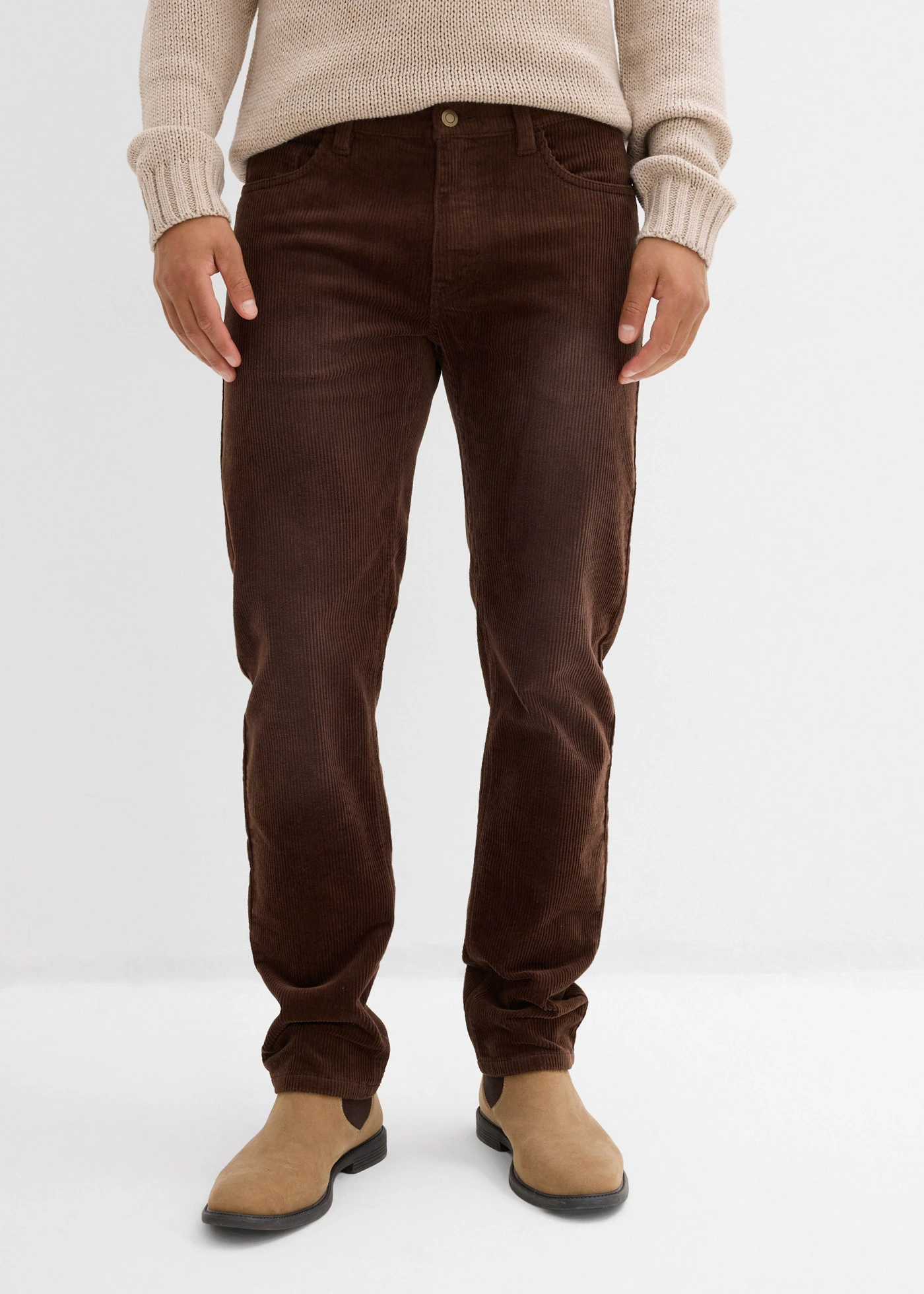 Manšestrové strečové kalhoty Regular Fit Straight, sepraný vzhled • hnědá-tmavě hnědá • bonprix obchod