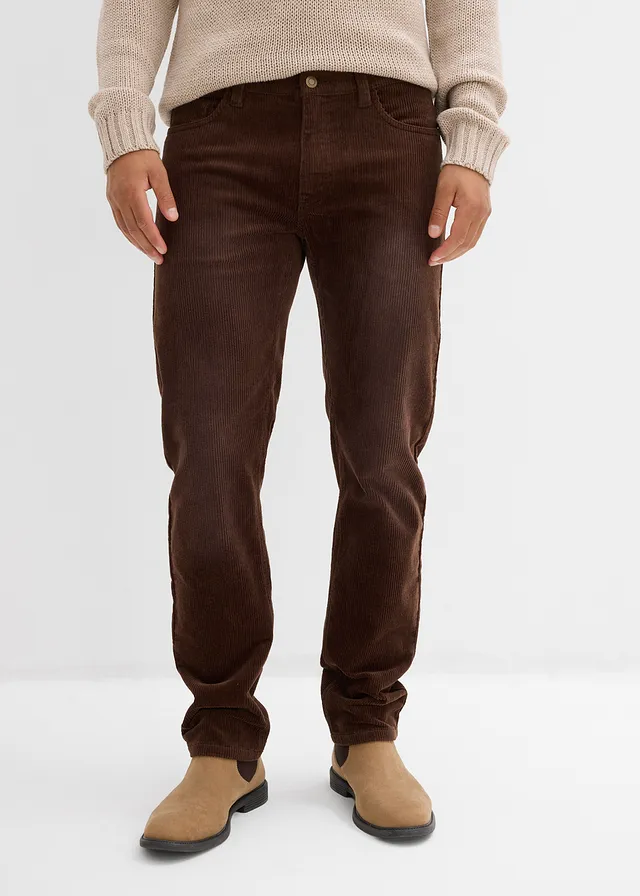 Regular fit stretch corduroy broek in washed out look, straight, Kleur: bruin-donkerbruin