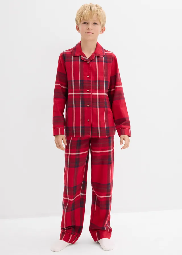 Pyjama enfant en flanelle douce, Couleur: rouge foncé carreaux