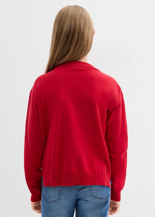 Fijngebreide trui met strik, Kleur: chilirood