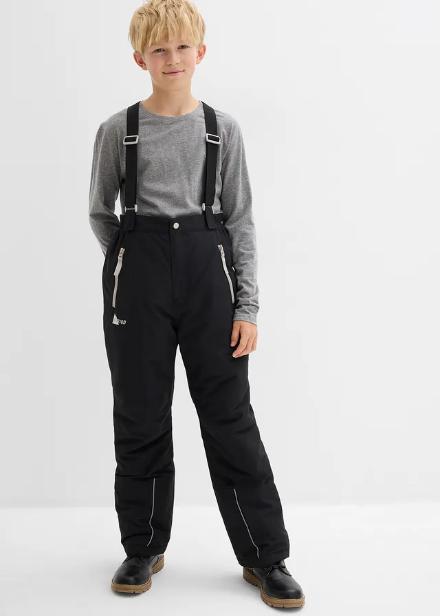 Waterdichte skibroek met bretels en reflecterende details, Kleur: zwart