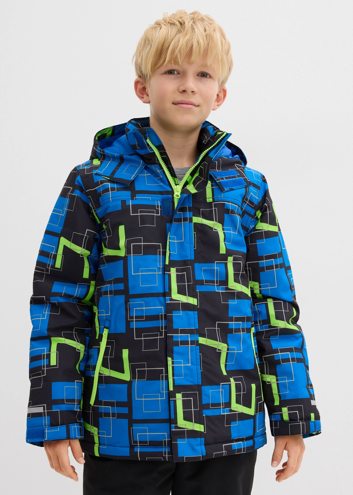 Waterdichte ski-jas met reflecterende details • zwart/azuurblauw/neongroen grafische print • bonprix online shop