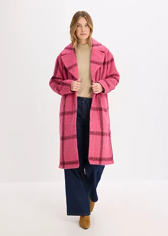 Oversize kabát s vlněným vzhledem, barva: pink-bordó kostka