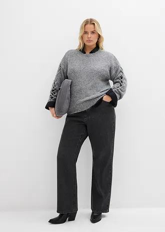 Loose straight jeans comfortabele tailleband met strass, Kleur: donkergrijs denim