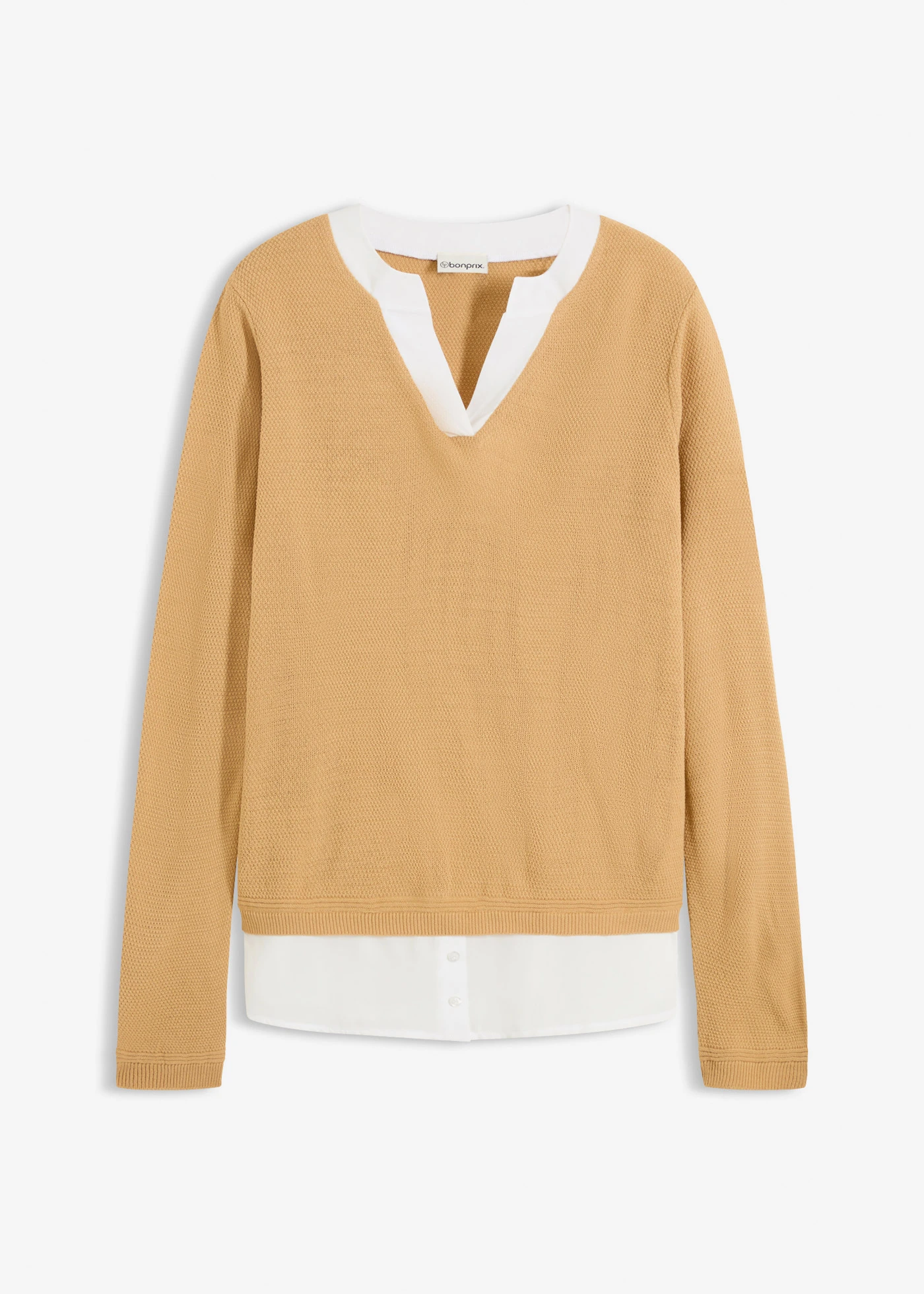 Fijngebreide trui met blouse-inzet • cappuccino • bonprix online shop