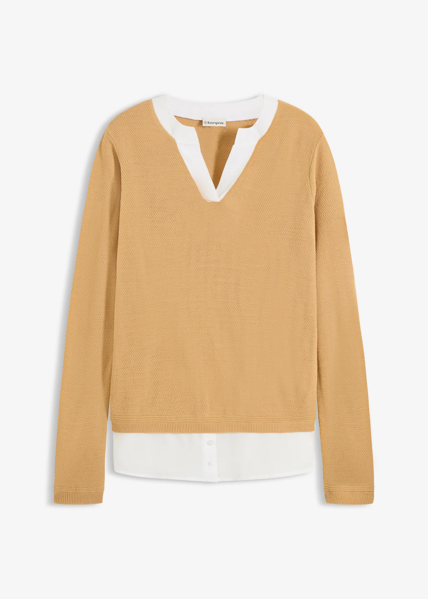 Finomkötésű pulóver blúzbetéttel • cappuccino/fehér • bonprix áruház