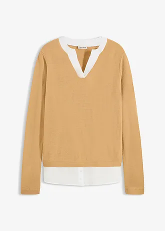 Pull en fine maille avec empiècement chemisier, Couleur: cappuccino/blanc