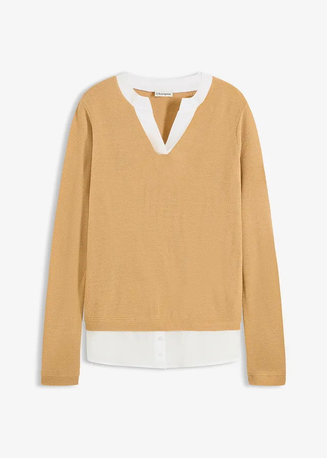 Finomkötésű pulóver blúzbetéttel • cappuccino/fehér • bonprix áruház