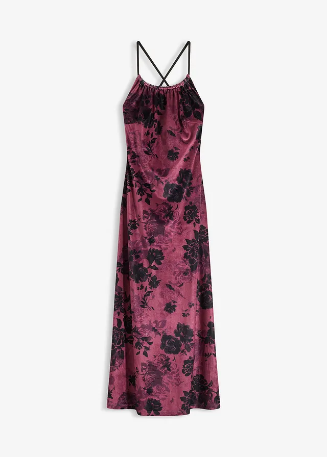 Robe longue en velours brillant, Couleur: bordeaux floral