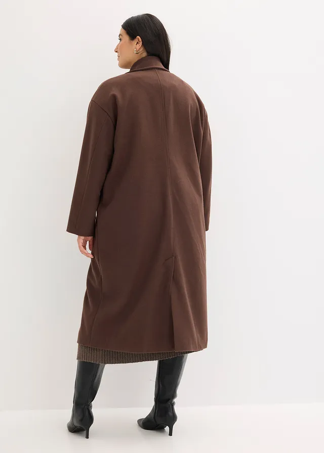 Lange oversized jas in wollen look, Kleur: donkerbruin