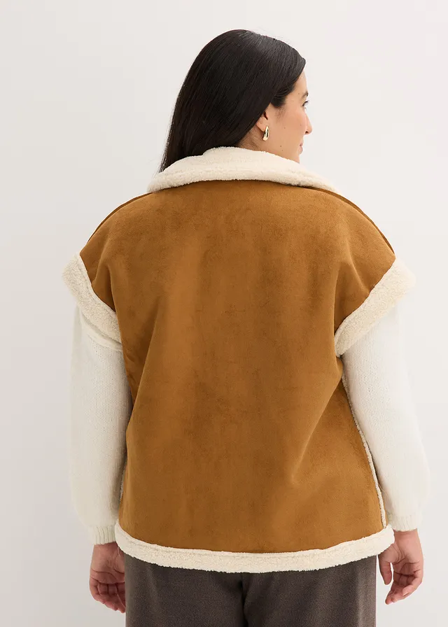 Gilet sans manches en sherpa, Couleur: cognac-écru