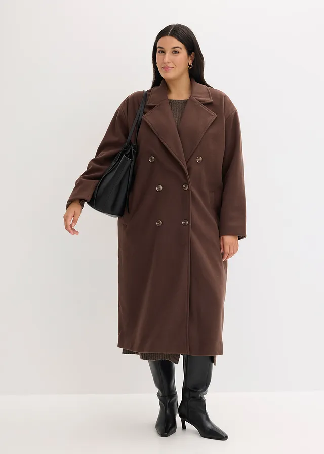Lange oversized jas in wollen look, Kleur: donkerbruin