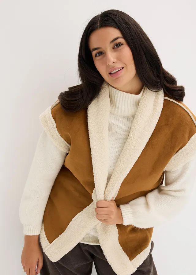 Gilet sans manches en sherpa, Couleur: cognac-écru