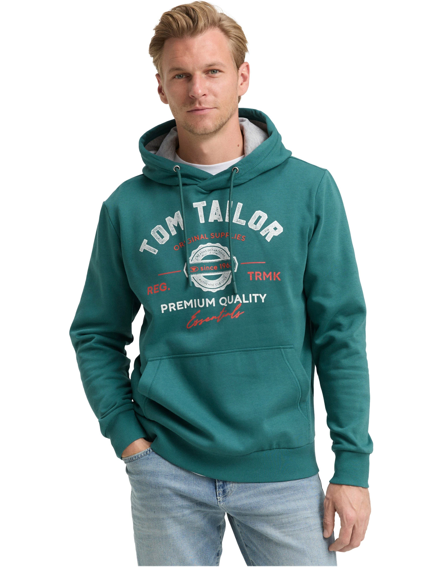 Mikina s kapucí značky Tom Tailor • tmavě zelená s potiskem • bonprix obchod