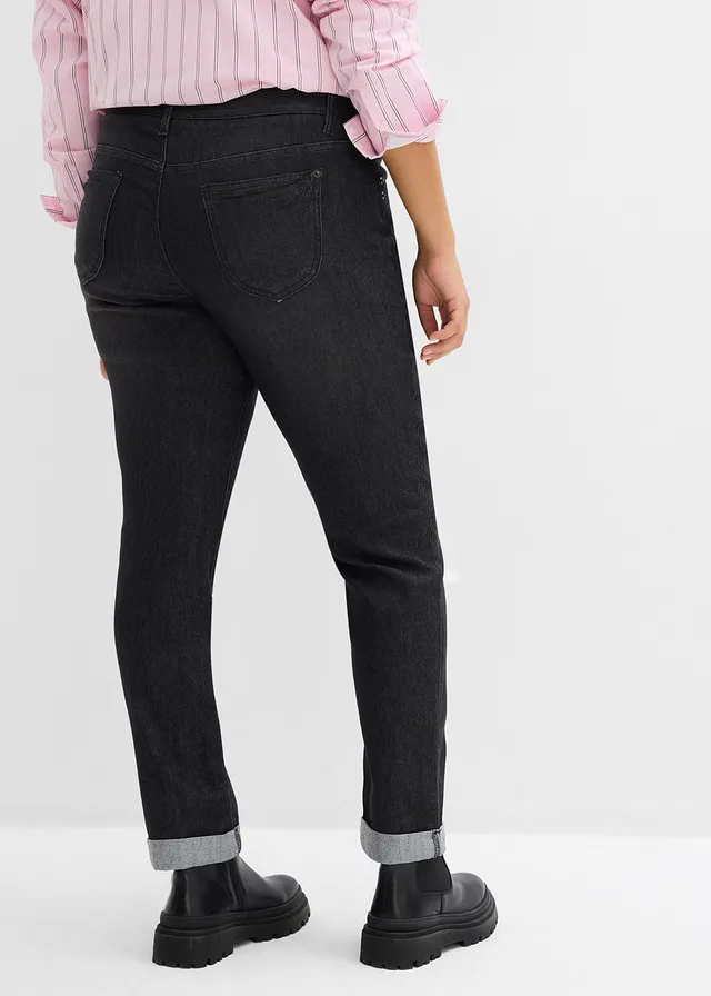 Stretch jeans high waist, straight, Kleur: zwart denim