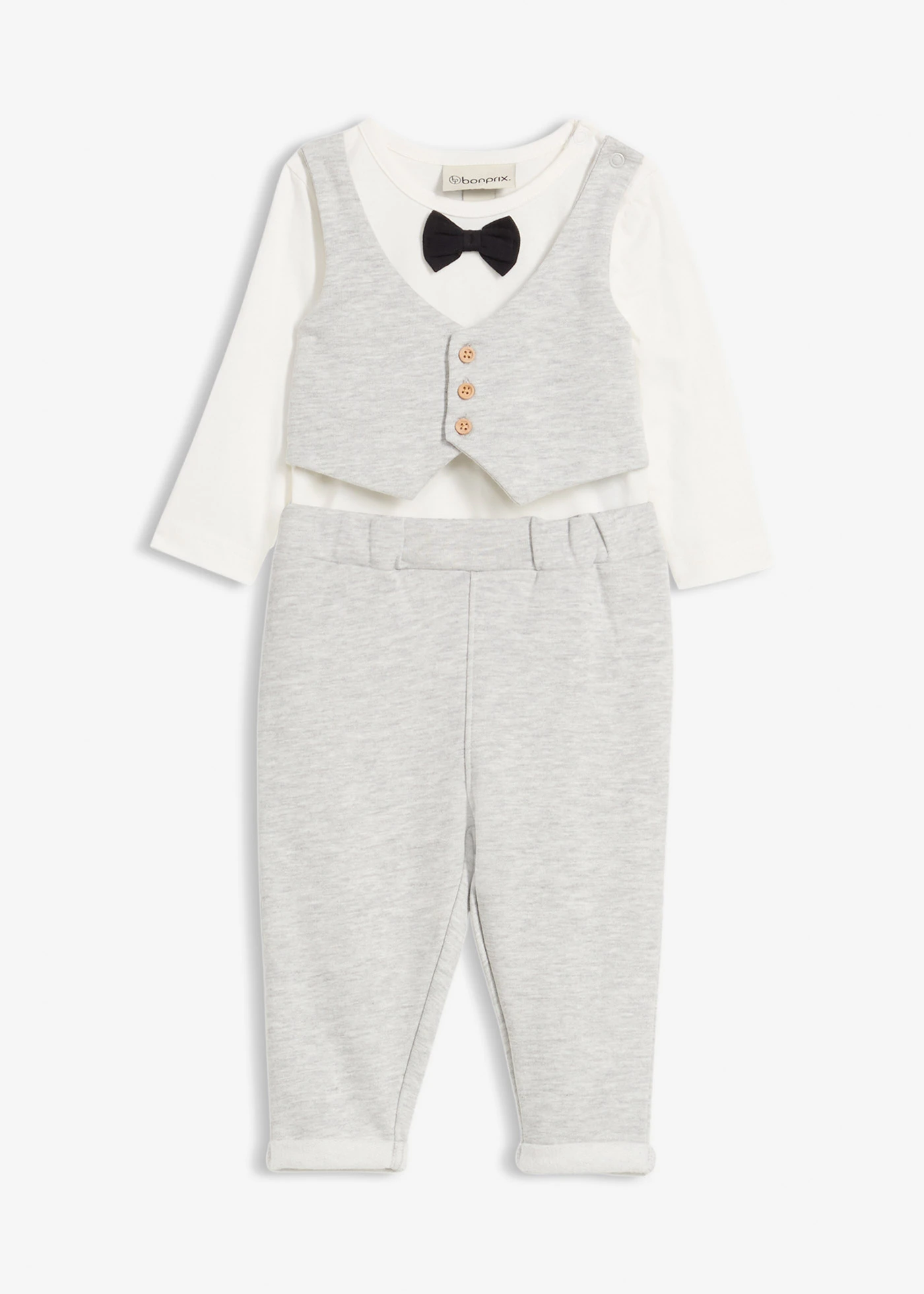 Sváteční souprava s vestovým body, motýlkem a kalhotami z čisté organické bavlny (3dílná souprava) • světle šedo-černo-přírodně bílý melír • bonprix obchod