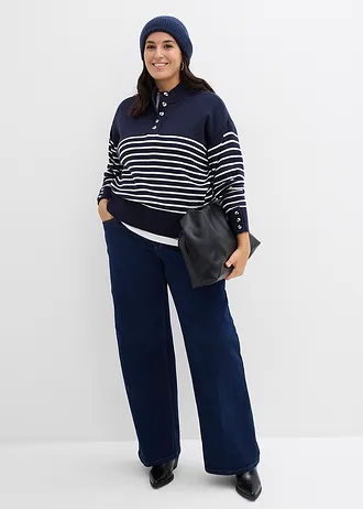 Wide leg jeans van biologisch katoen, mid waist, Kleur: donkerblauw denim ongewassen