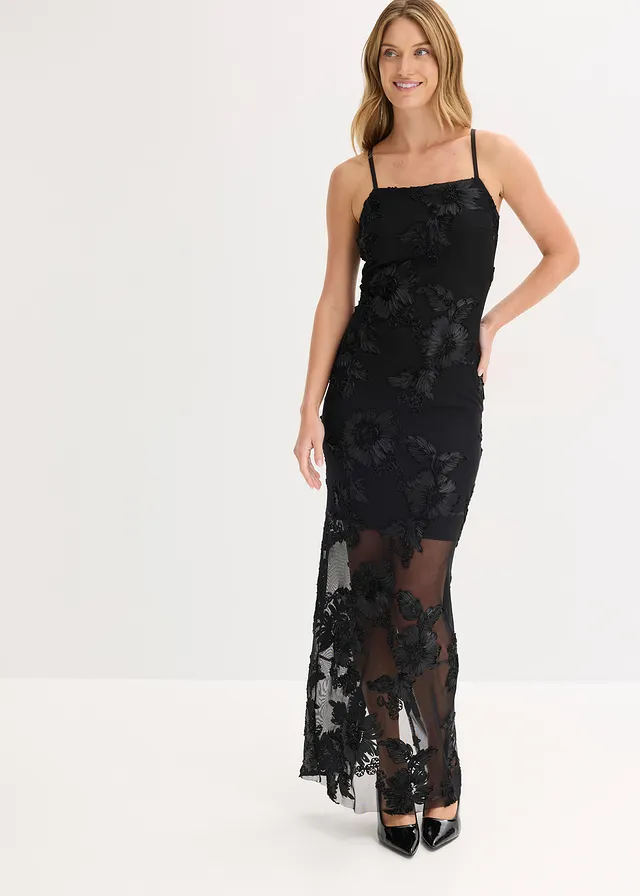 Maxi jurk met gebloemd borduursel, Kleur: zwart