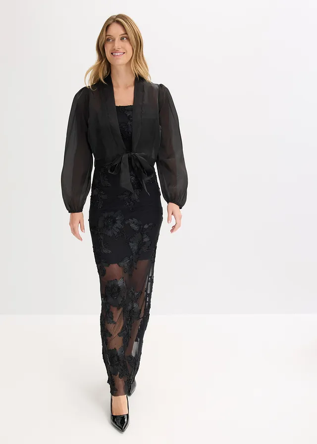 Maxi jurk met gebloemd borduursel, Kleur: zwart