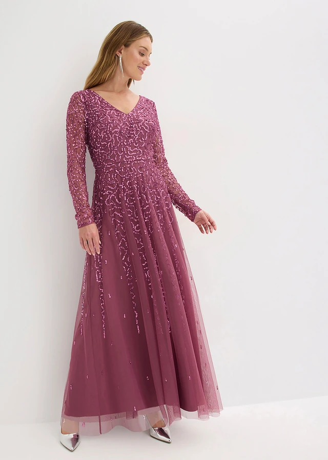 Maxi jurk met pailletten, Kleur: donkerroze