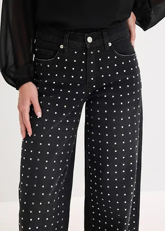 Jean large taille mi-haute avec application de strass • noir denim • Boutique bonprix