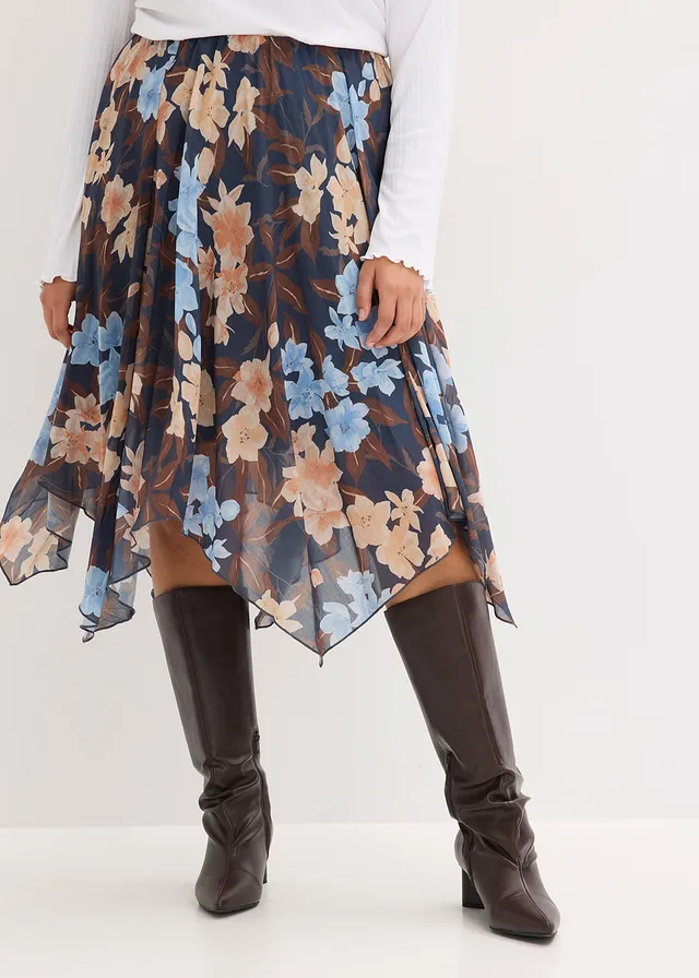 Midirok van chiffon met een asymmetrische onderkant, Kleur: nachtblauw