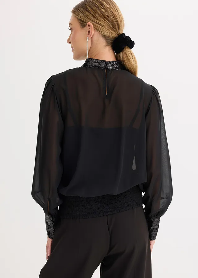 Blouse van fijne tule met pailletten, Kleur: zwart