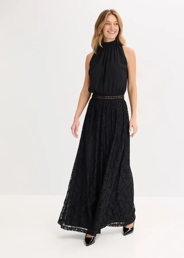 Maxi jurk met rok van kant, Kleur: zwart