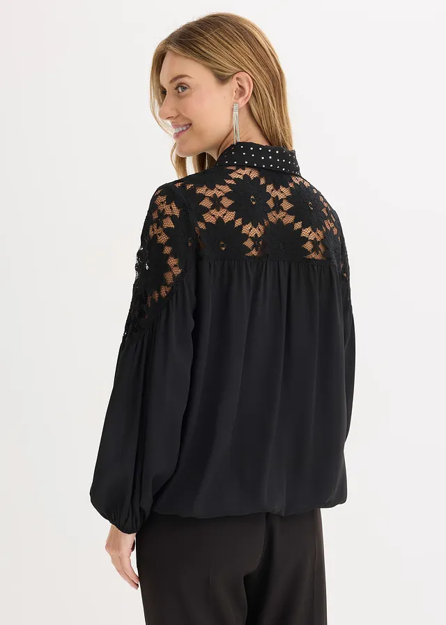 Blouse met kant, Kleur: zwart