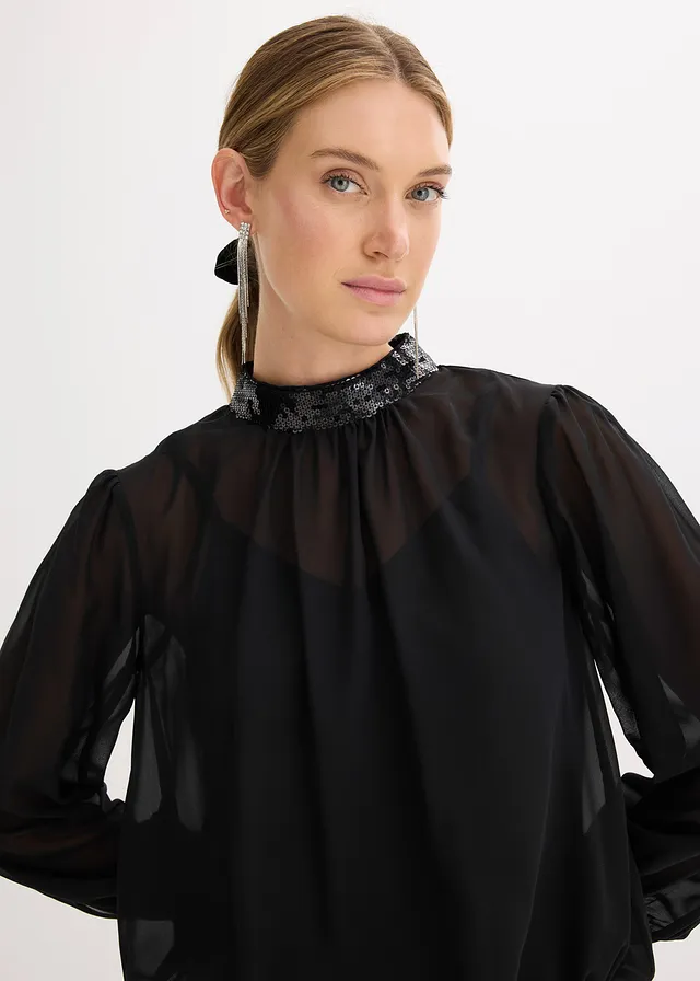 Blouse en tulle fin avec empiècements à sequins • noir • product-page.page-title-suffix