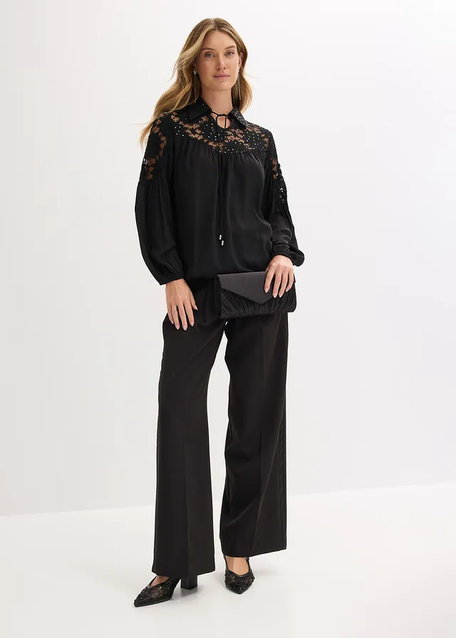 Blouse met kant, Kleur: zwart