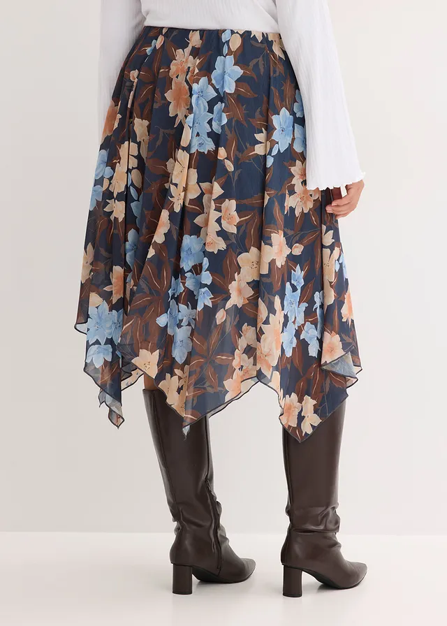 Midirok van chiffon met een asymmetrische onderkant, Kleur: nachtblauw
