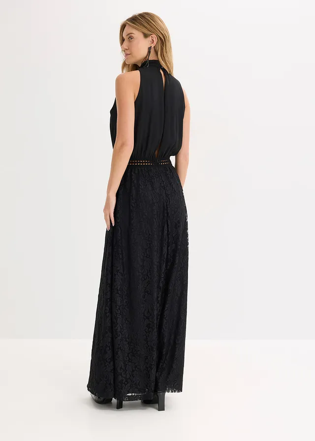 Robe longue avec jupe en dentelle, Couleur: noir