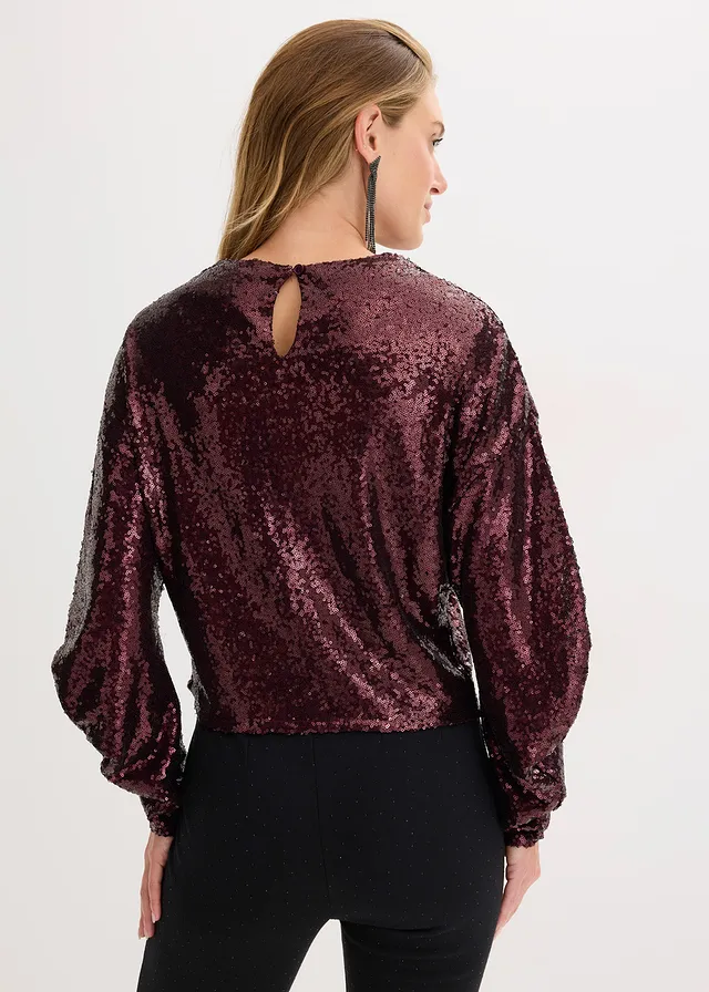 Bluză cu mâneci lungi și paiete • roșu-vineriu • magazin bonprix