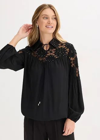 Blouse met kant, Kleur: zwart