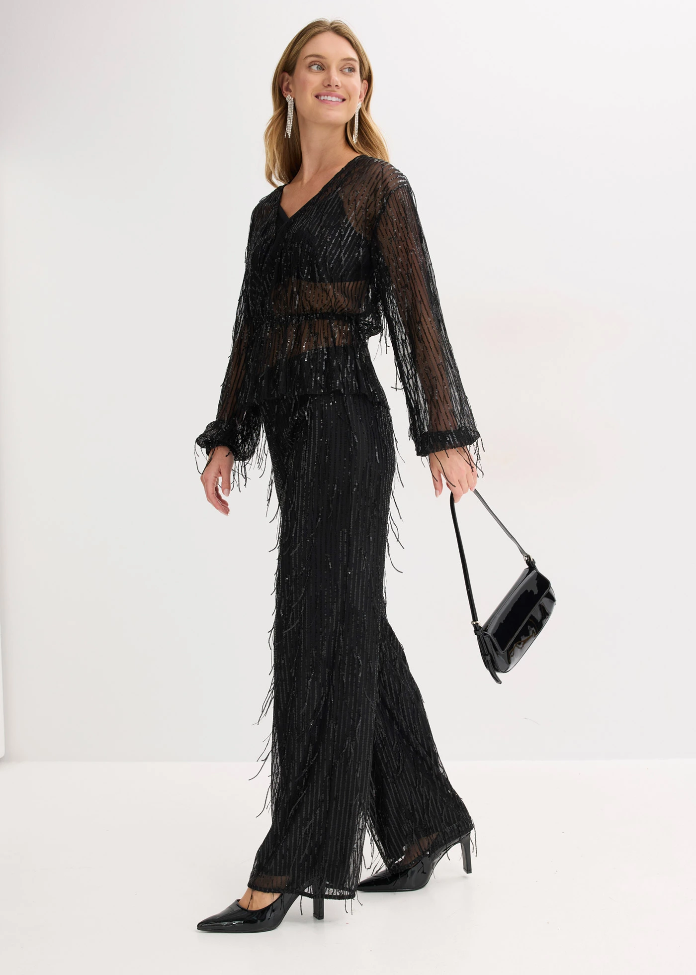 Pantalon à sequins et franges • noir • Boutique bonprix