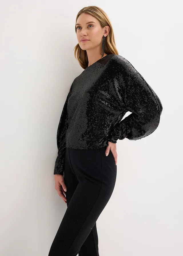 Bluză cu mâneci lungi și paiete • negru • magazin bonprix