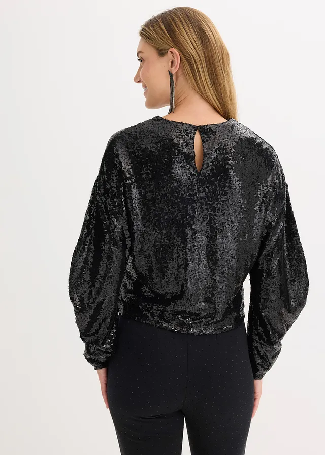 Longsleeve met pailletten, Kleur: zwart